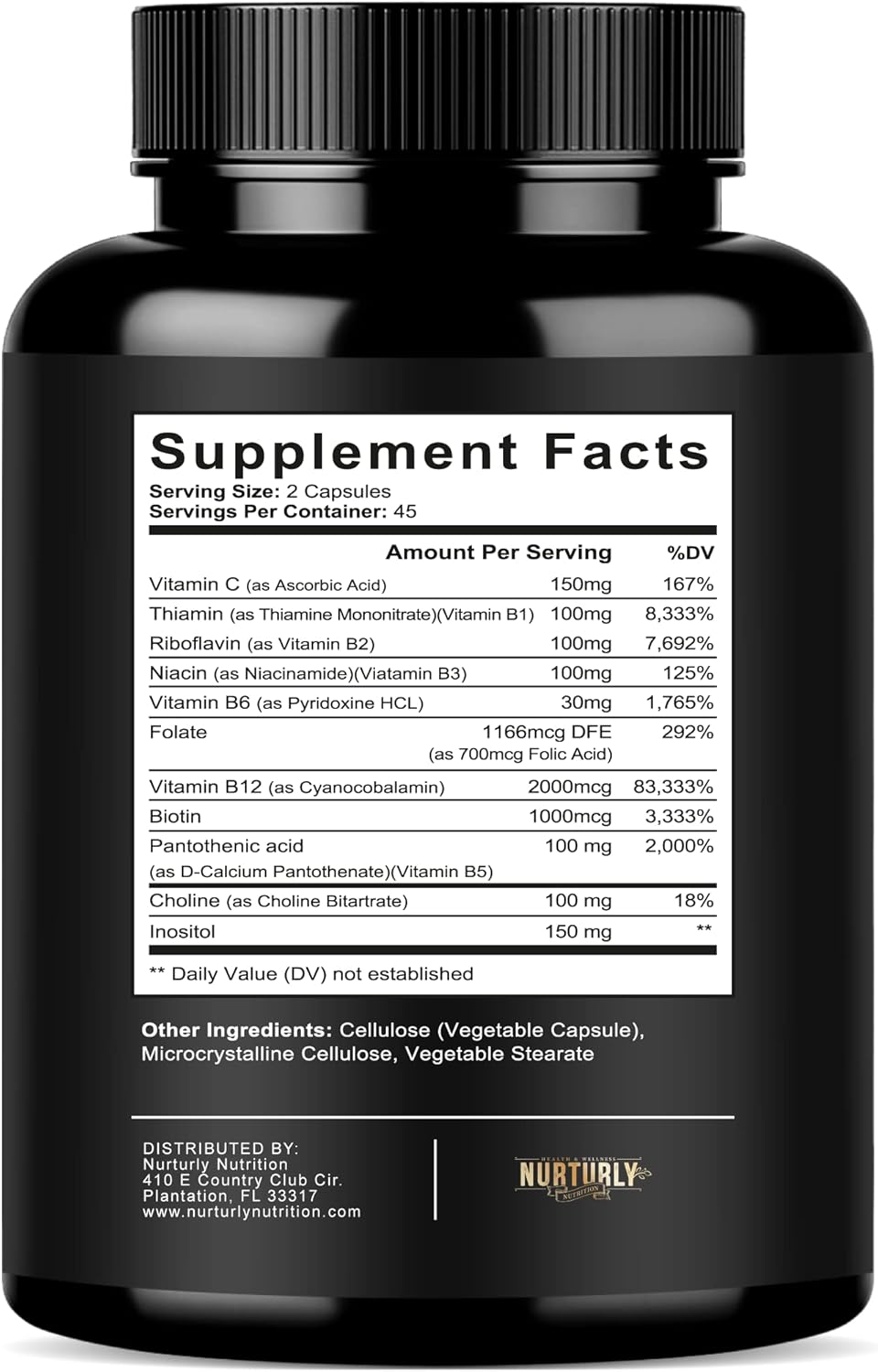 Vitamin B Complex with Vitamin C - Contains All Essential B Vitamins - B1, B2, B3, B5, B6, B7, B9, B12 and Biotin - Super B Complex Vitamins for Energy, Immunity and Mood Support - 90 Capsules