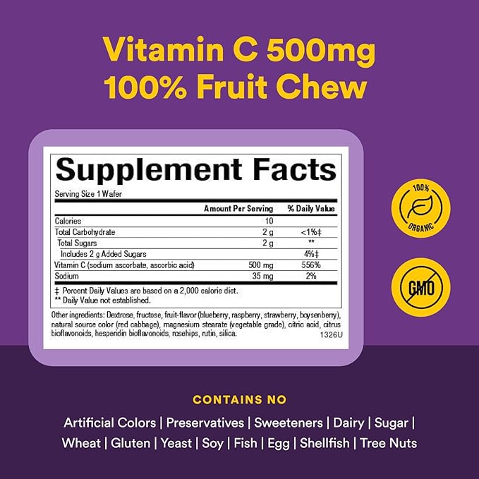 Natural Factors Kids Chewable Vitamin C 500 mg, Supports Immune Health, Bones, Teeth and Gums, Blueberry, Raspberry and Boysenberry, 180 Wafers