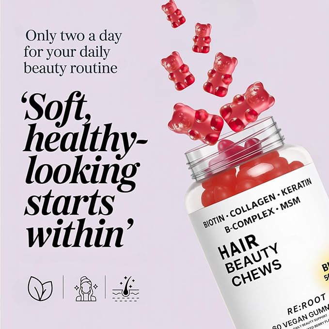 RE:ROOT Hair Beauty Gummies – 5000 mcg Biotin, Collagen, Keratin, MSM – Hair, Skin & Nails Support – Vegan – Berry Flavor – 60 Gummies