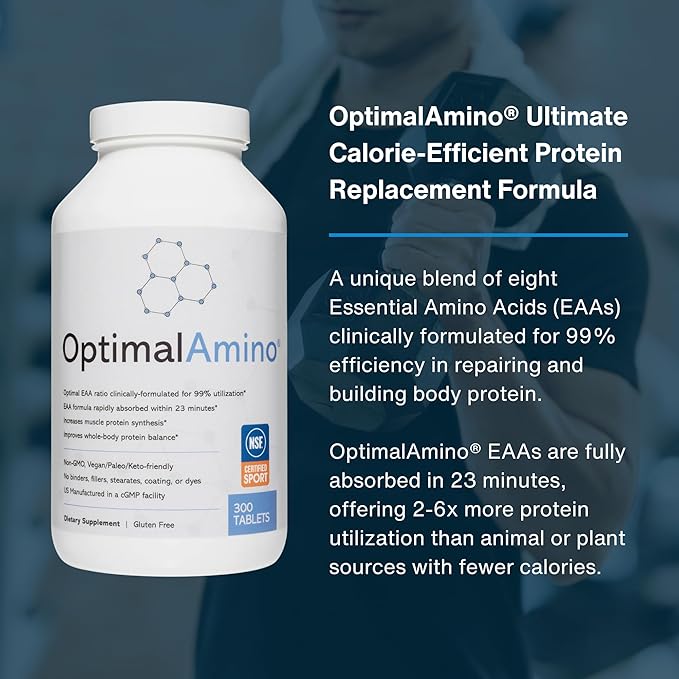 OptimalAmino Tablets (300 Count) | 99% Utilized Essential Amino Acid (EAA) Supplement, Increase Muscle Recovery, BCAA Protein Pre/Post Workout | NSF Certified for Sport® Certified