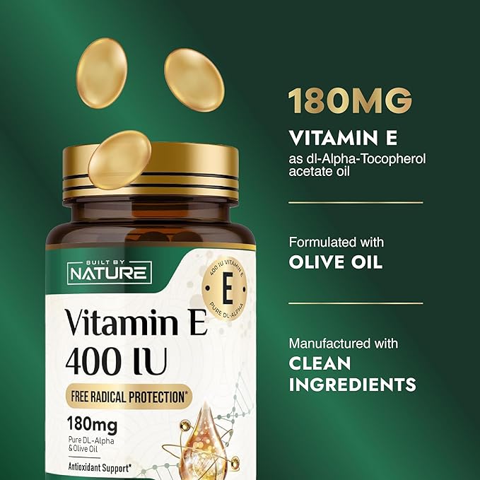 Built by Nature Vitamin E with Olive Oil - 400 IU (dl-Alpha Tocopherol) - High Potency Antioxidant Supplement for Immune, Skin & Heart Health - Non-GMO - 4 Month Supply, 120 Softgels