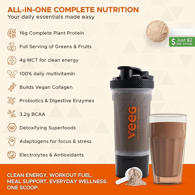 Veeg All in One Protein Smoothie Powder – Vegan Protein Powder & Collagen Boost. Organic Pea Protein, MCT, Probiotics & Multivitamin. One Scoop Daily Energy, Wellness & Balance 15 Servings (Chocolate)