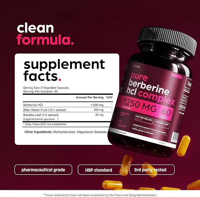 Berberine Supplement 1250mg Potent Botanical Capsules for Weight Management with Bitter Melon and Banaba Leaf - HCl from Barberry Extract- 30 Servings