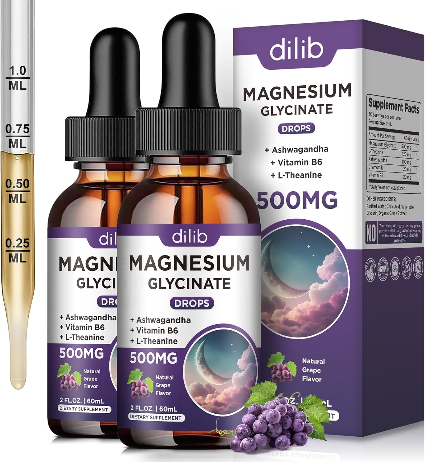 (2 Pack) Magnesium Glycinate Liquid Drops 500mg, with Vitamin B6, Ashwagandha, L - Theanine, Chamomile, Magnesium Glycinate Supplement High Absorption for Sleep, Stress, Energy Mood - Grape Flavor