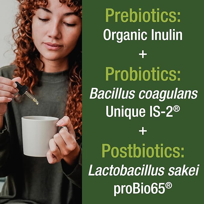 Organic Synbiotic = Prebiotics + Probiotics + Postbiotics 3-in-1 Supplement for Women, Men, & Kids. Pre, Pro, & Post Biotics Liquid Drops for Gut + Microbiome Balance. Made in USA, Vegan, Zero Sugar