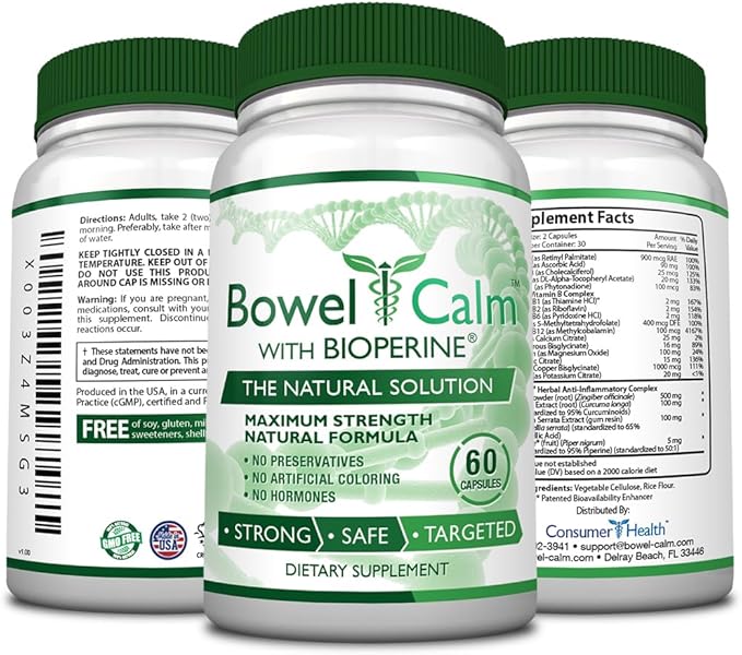 Bowel Calm - Ginger, Turmeric, Boswellia, BioPerine - One Month Supply - Non-GMO