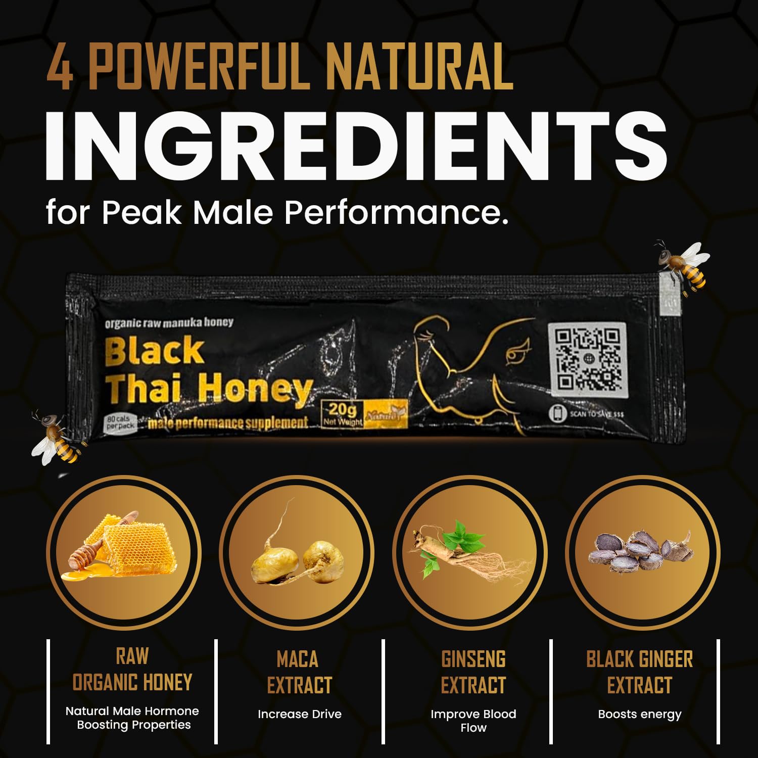 Black Thai Honey Packs- 20 Gram Satchets - Pack of 10 - Natural Pure Honey with Jelly Bee Pollen