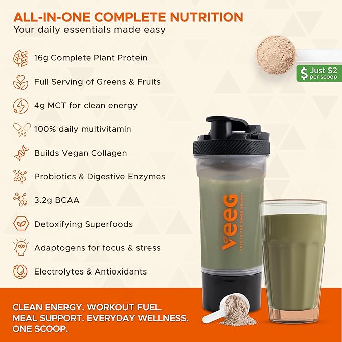 Veeg All in One Protein Smoothie Powder – Vegan Protein Powder & Collagen Boost. Organic Pea Protein, MCT, Probiotics & Multivitamin. One Scoop Daily Energy, Wellness & Balance 15 Servings (Vanilla)