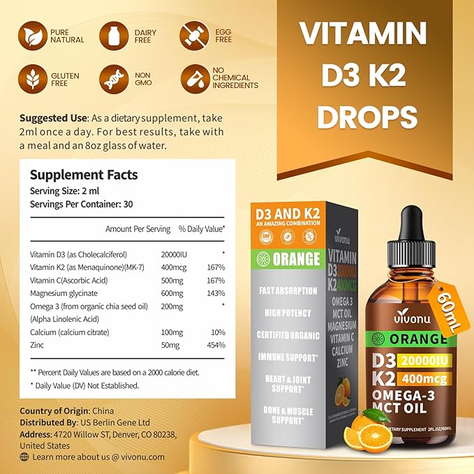 VivoNu Vitamin D3 K2 Drops, D3 20000 IU & K2 as MK-7 400mcg, Orange Flavor Vitamin D Liquid Drops Supplement with Magnesium, Calcium, Zinc & Omega 3 for Immune*, Mood*, Bone* Health