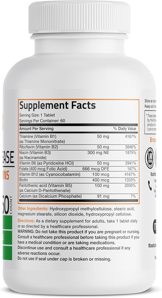 Bronson Super B Vitamin B Complex Sustained Slow Release (Vitamin B1, B2, B3, B6, B9 - Folic Acid, B12) Contains All B Vitamins 60 Tablets