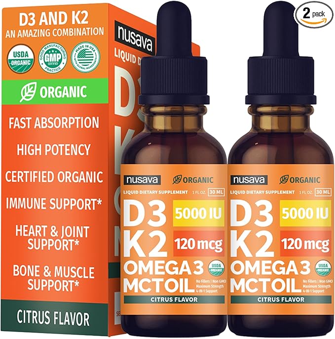 (2 Pack) Organic Vitamin D3 K2 Drops with MCT Oil Omega 3, 5000 IU, Maximum Strength Vitamin D Liquid, No Fillers, Non-GMO Liquid D3 for Faster Absorption, Immune Support (Citrus Flavor, 2 Fl Oz)