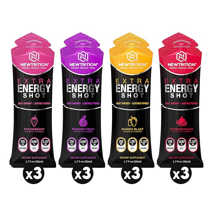 NewTrition® Extra Strength Energy Shots 1.7 fl oz - 250mg Caffeine with B Vitamins & Amino Acids, Sugar-Free Zero Calorie Vitamin Energy Drink for Focus & Endurance (Pack of 12, 4 Flavors - Mixed 3)