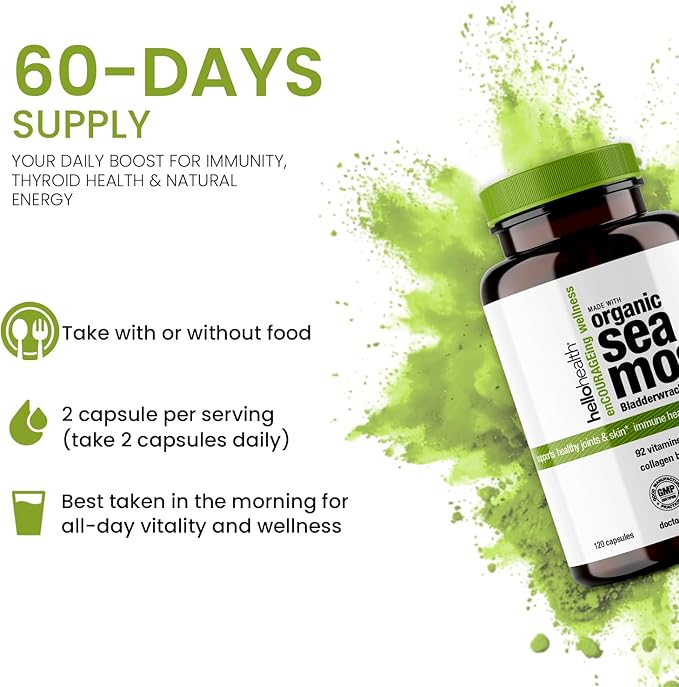 Organic Irish Sea Moss Capsules: Wildcrafted Sea Moss, Burdock Root & Bladderwrack Prebiotic Super Food for Immune Support, Thyroid Support, Natural Energy, -120 Caps