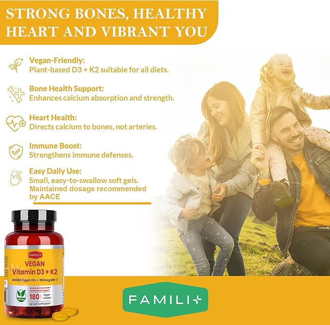 FAMILI+ 180 Days Vegan Vitamin D3+K2 Softgel with Coconut MCT Oil | 2000IU Plant Source Vitamin D3 + 100 mcg Vitamin K2 MK-7 | for Bone, Muscel, Immune, Teeth & Heart Health | 100% Vegan no-Gelatin