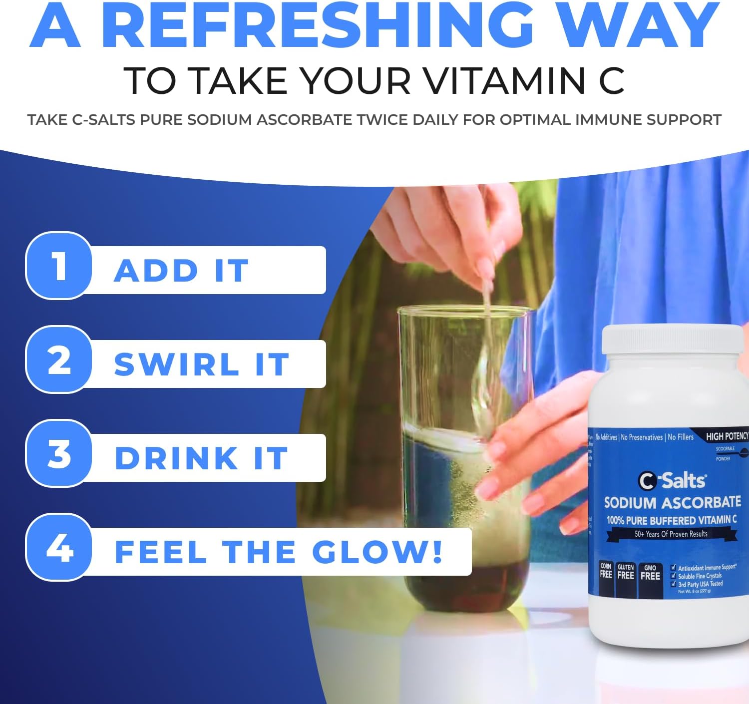 C-Salts Pure Sodium Ascorbate Vitamin C Powder - Non-Acidic Sugar-Free Buffered Powdered Drink for Hydration & Immune Support - Antioxidant for Overall Wellness - Perfect for Drinks or Recipes - 8 oz