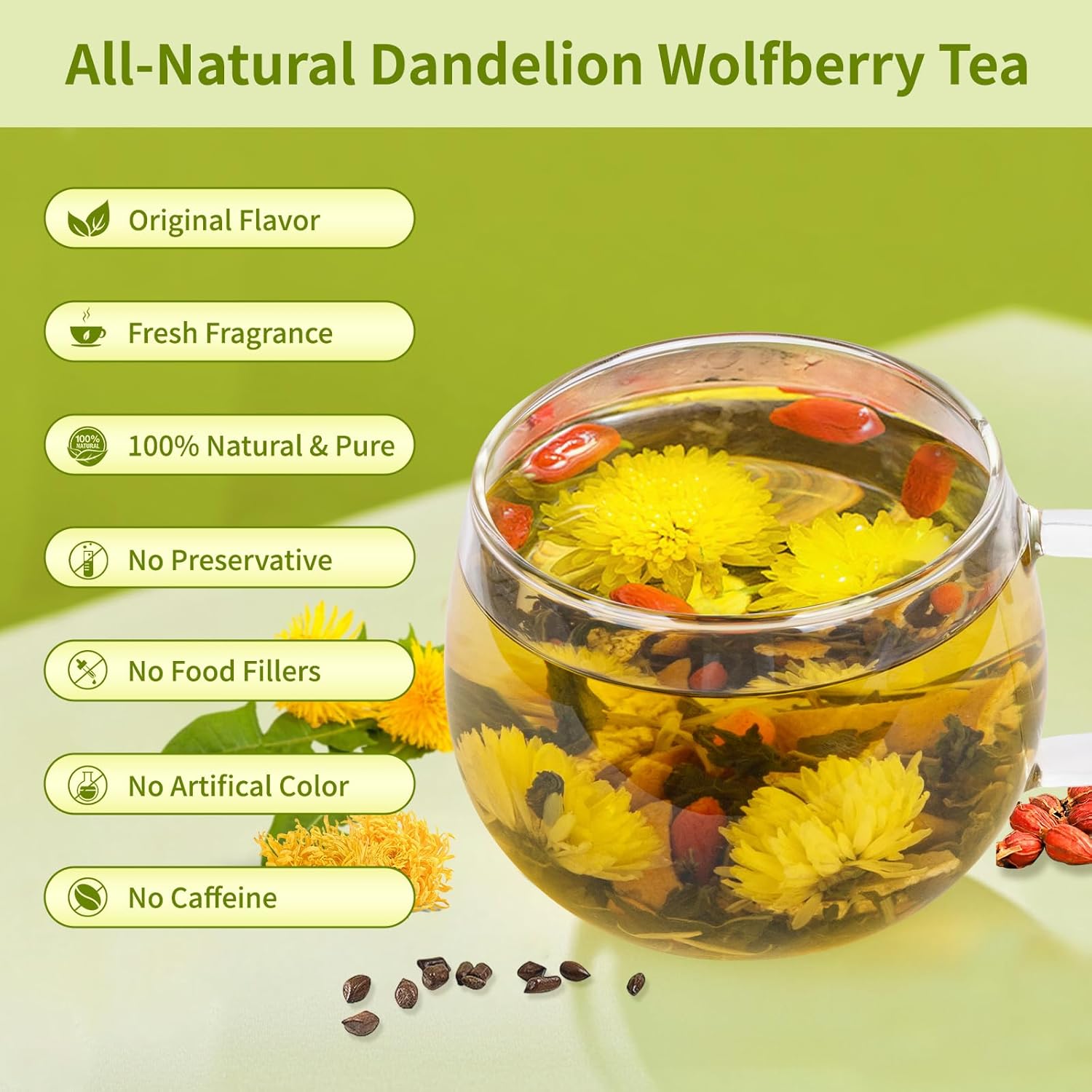Dandelion Wolfberry Tea, Natural Kidneys & Liver Health Dandelion Root Tea with Dandelion, Wolfberry, Cassia Seed, Chrysanthemum, Licorice, Orange Peel, Gardenia (3 Pack/36 Bags)