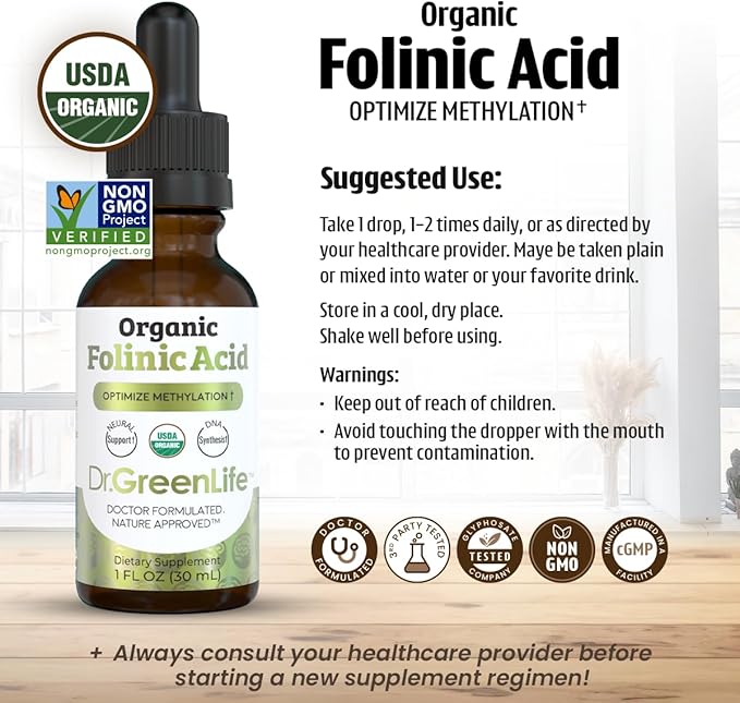 Dr. Green Life USDA Organic Folinic Acid Drops - 500 mcg per Drop | Methylation Support B9 Supplements for Kids & Adults | Supports Neurological Function, Nervous System Health & DNA Synthesis