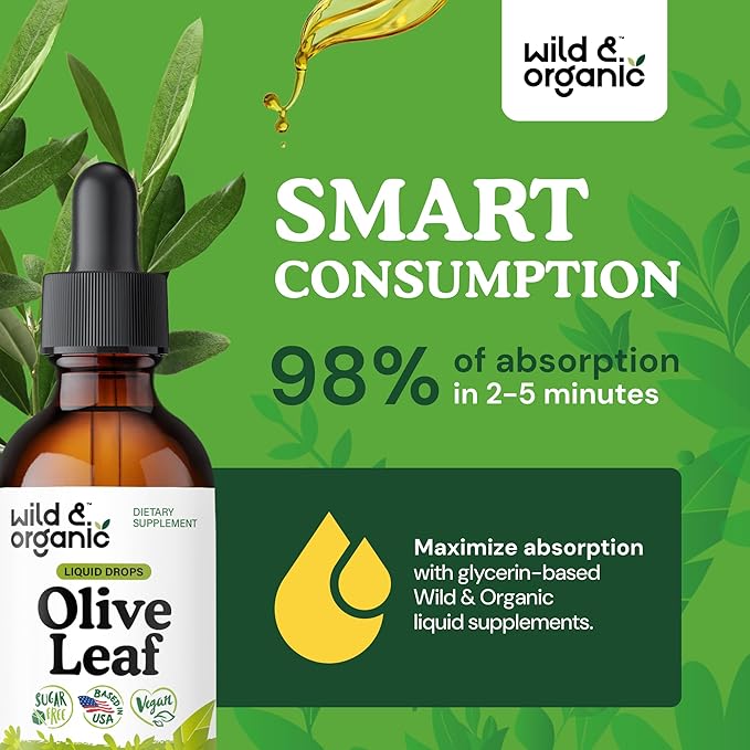 Wild & Organic Olive Leaf Extract Liquid Drops - Antioxidant & Immune Support - Oleuropein Olive Leaf Supplement - Vegan, Sugar & Alcohol-Free Drops - 2 fl oz