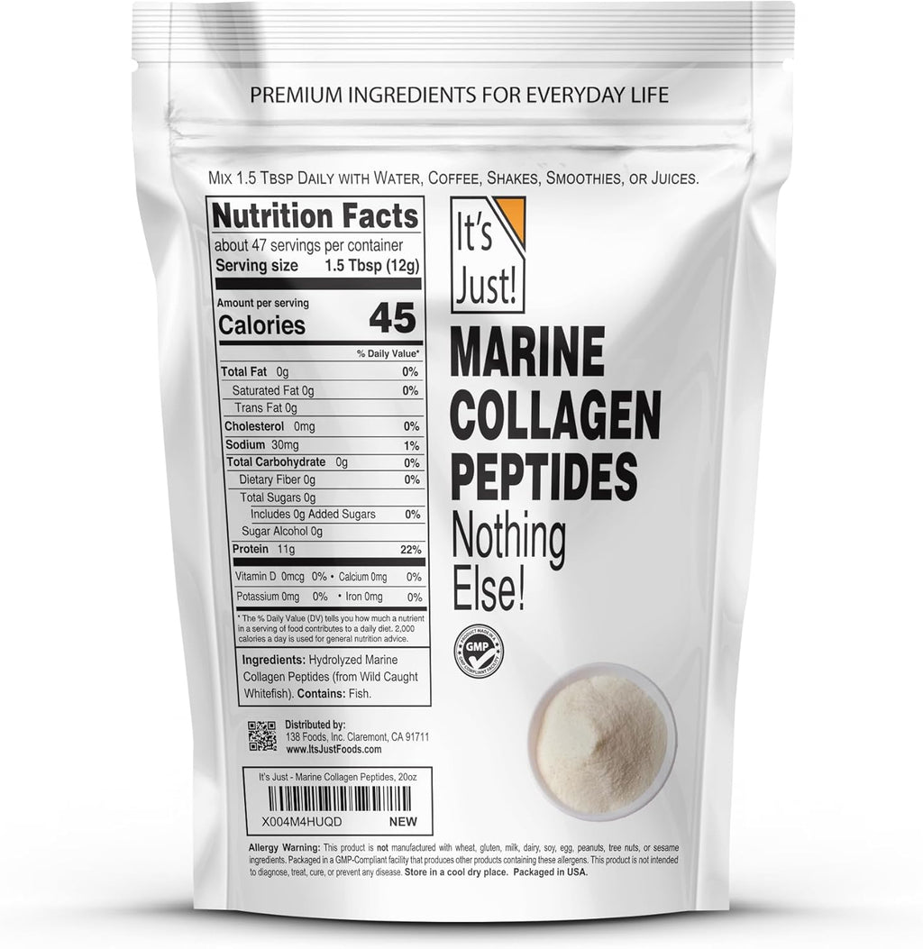 It's Just! - Marine Collagen Peptides Types I & III, Whitefish Source, Tested for Heavy Metals, Gluten Free, Non-GMO, No Added Flavor, Unflavored, 20oz