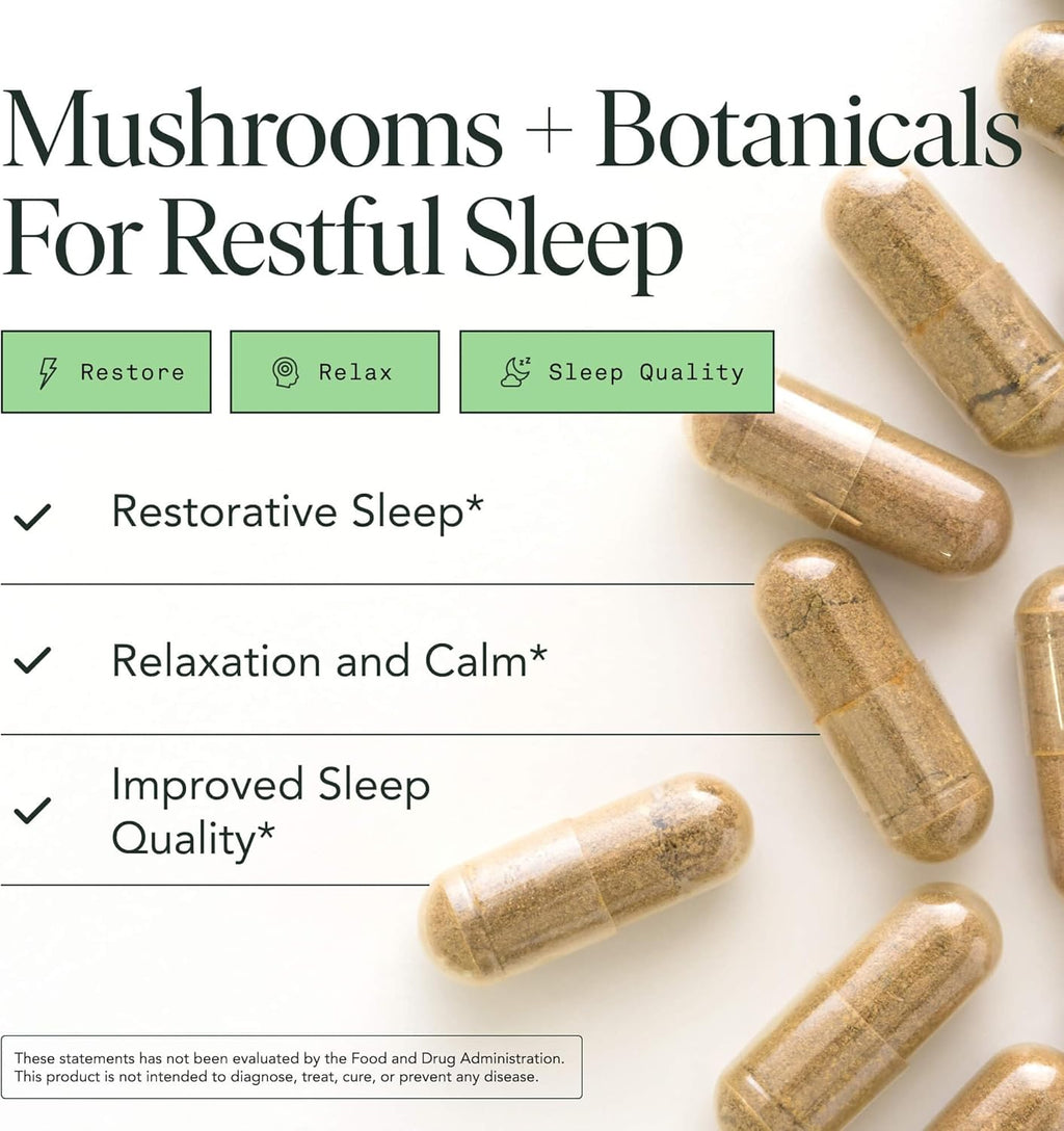 Mushroom Supplement with Reishi, Passionflower & Hops extracts - Sleep Supplements for Adults, Adaptogenic Capsules, 100% USDA Organic Mushrooms Complex - Vegan - Glass Jar, 120 Caps, 2 Month Supply