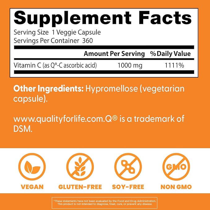 Doctor's Best Vitamin C with Q-C, Immune Support, Non-GMO, Gluten Free, Soy Free, Vegan 360 Veggie Caps