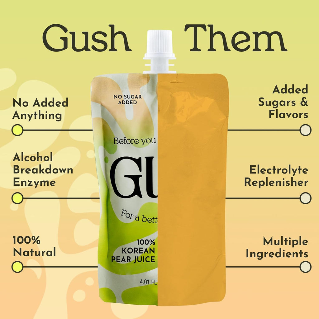 GUSH Pre-Drink Korean Pear Drink - (4 Pack) Pear Hydration Pouch with Enzyme Activation - Prevent Drinking Aftereffects - All Natural, Gluten-Free