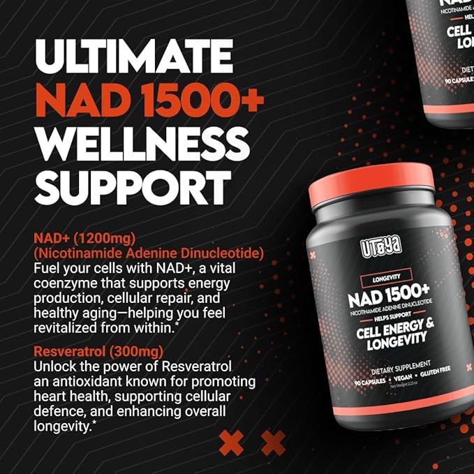 UTOYA NAD 1500+ Nicotinamide Riboside Supplements - Trans-Resveratrol Supplement Supports Cellular Energy Metabolism & Repair, Vitality, Healthy Aging - Vegan/Gluten Free - 90 Capsules