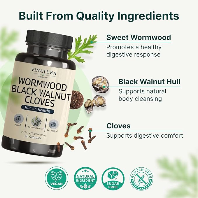 VINATURA Wormwood Black Walnut Clove Capsules - Cleanse, Detox, Intestinal Guard Formula Supplement for Humans, with Wormwood herb, Black Walnut Extract Combination, 60 Capsules