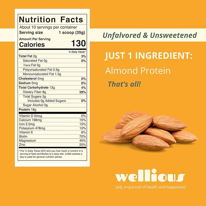 wellious Almond Protein Powder (Unflavored, Unsweetened) - 18 Grams of Pure Healthiest Vegan Protein for Women & Men | Gluten-Free, Soy-Free & Gut Friendly Protein Powder for Sports Nutrition