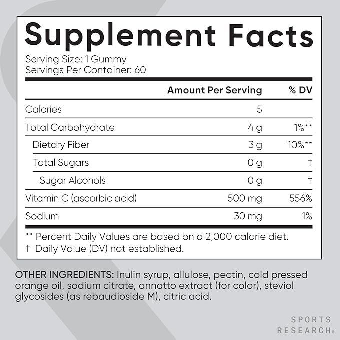 Sports Research­® Vitamin C Gummies | 500 mg Vitamin C | Sugar Free, Gelatin Free, Vegan Certified & Non-GMO Tested | Immune & Antioxidant Support 60 Gummies