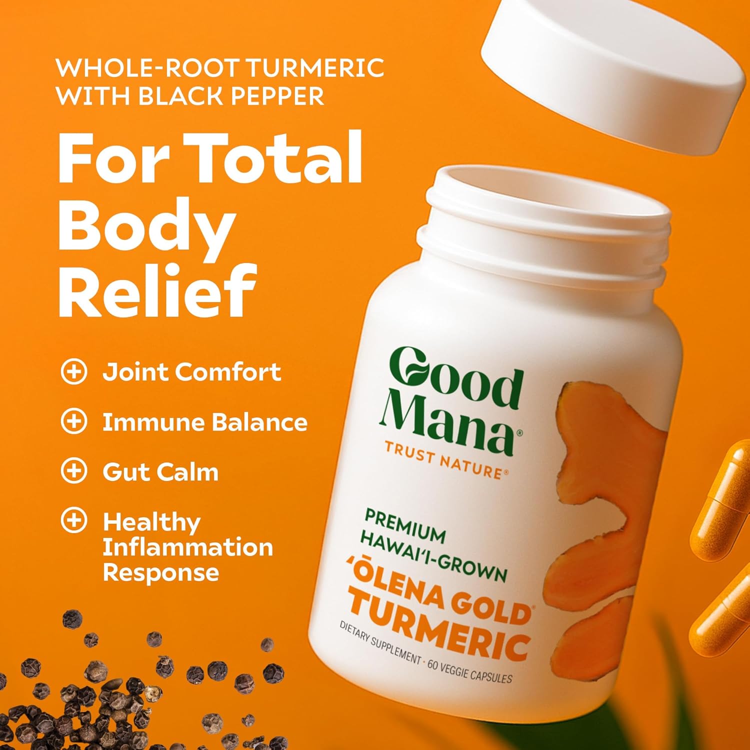 Good Mana Olena Gold Hawaii-Grown Turmeric Supplement - Organic Turmeric Curcumin with Black Pepper - Joint Support & Inflammation Relief - 60 Vegan Capsule