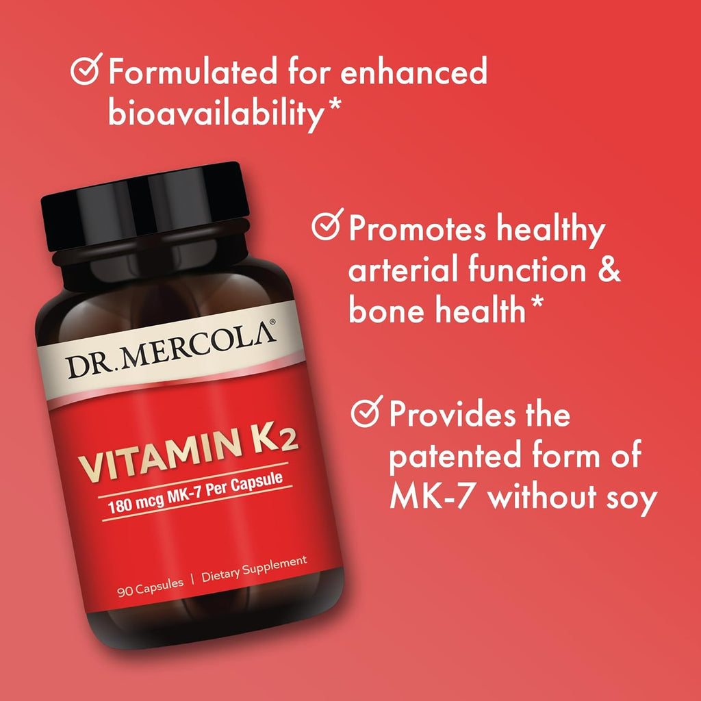 Dr. Mercola Vitamin K2-180 mcg Vitamin K2 as MK-7 - Supports Healthy Arterial Function & Heart Health - Non-GMO, Gluten-Free & Dairy-Free - 90 Capsules (90 Servings)