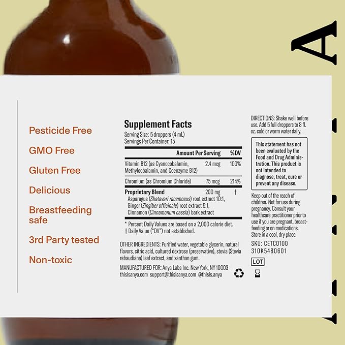 ANYA Postpartum - Energy Drops (2 fl oz, 15 Servings), Rich in Vitamin B12 and Chromium for Women, Caffeine-Free, Supports Healthy Energy Levels, Non-GMO, Gluten Free