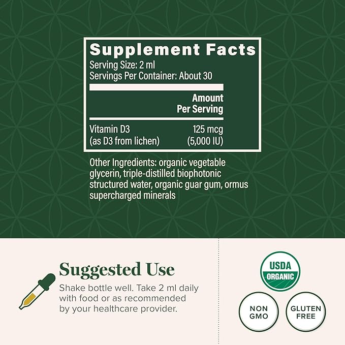 Global Healing Center - USDA Organic Vitamin D3 5000IU Liquid Supplement Drops for Women & Men - Non-GMO Helps Support Bones & Immune System, Vegan-Friendly Formula Delivers Active Form of Vitamin D
