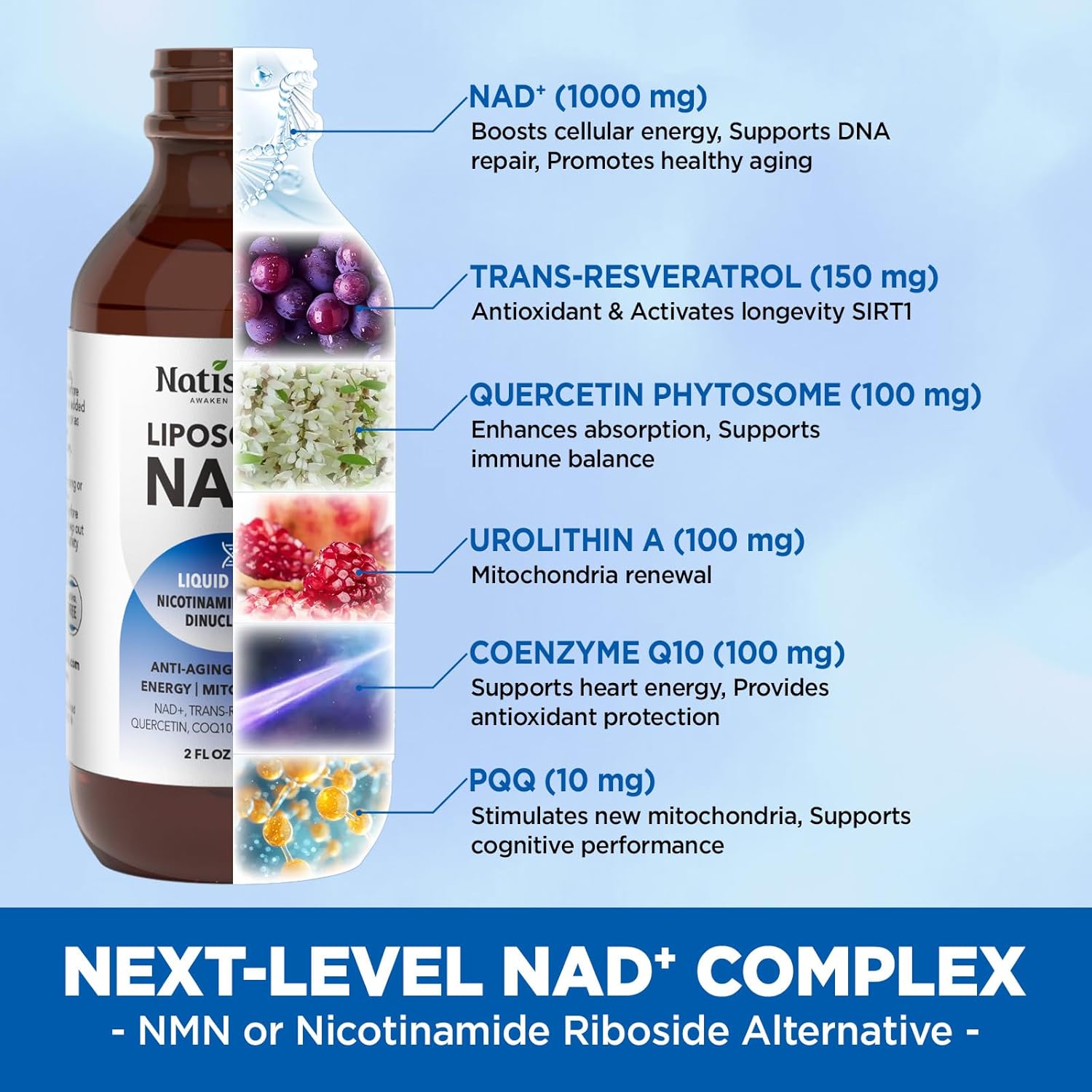 Liposomal NAD Supplement, 1000mg NAD+ Liquid Drops for Women & Men, with Resveratrol, Urolithin A, Quercetin, CoQ10 & PQQ, for Cellular & Metabolism Health, Energy & Anti-Aging, 2 Fl Oz