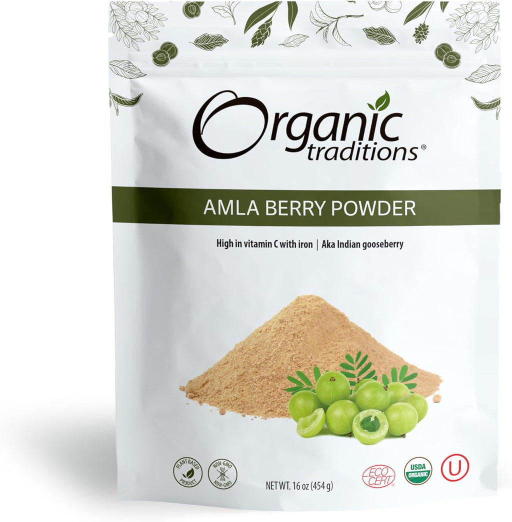 Organic Traditions Organic Amla Berry Powder, Powdered Amla Indian Gooseberry, Non-GMO Organic Powdered Fruit Superfood, 7oz (200g) Bag