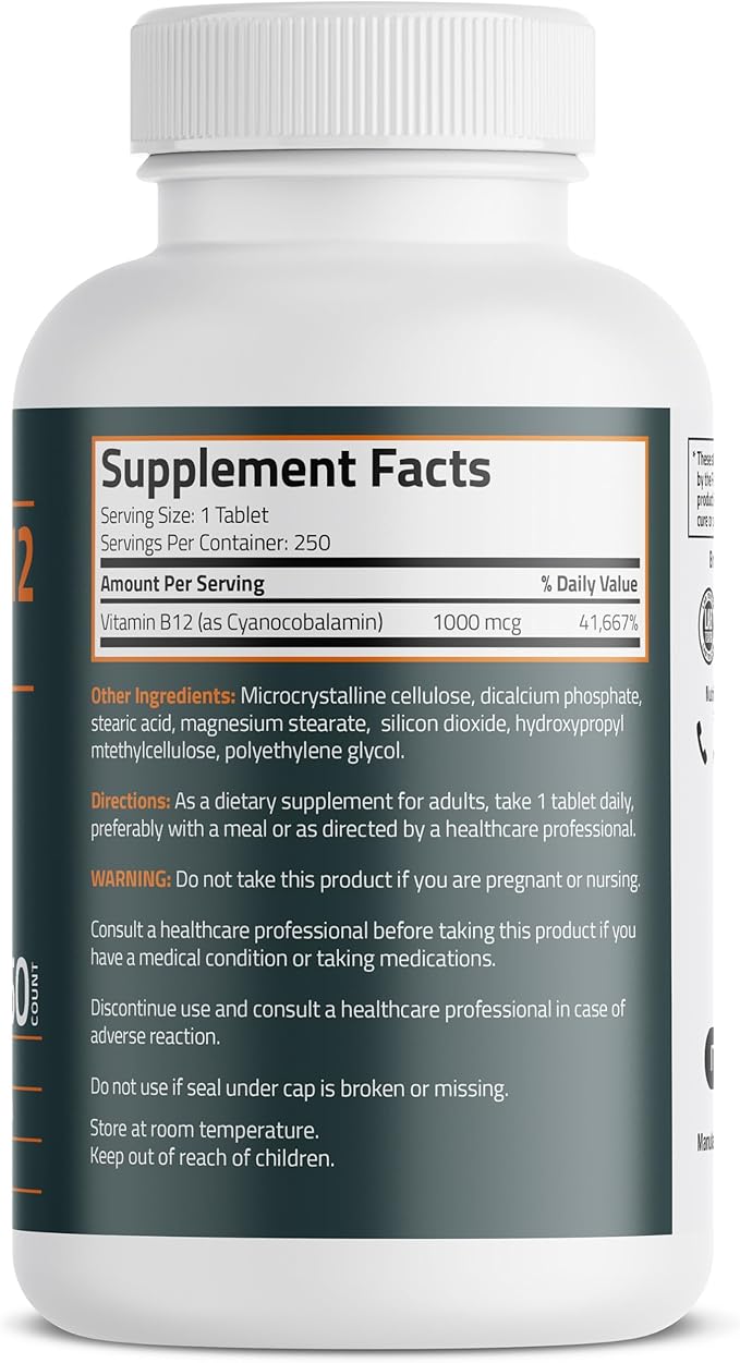Bronson Vitamin B12 1000mcg Once Daily Formula Non-GMO, 250 Vegetarian Tablets