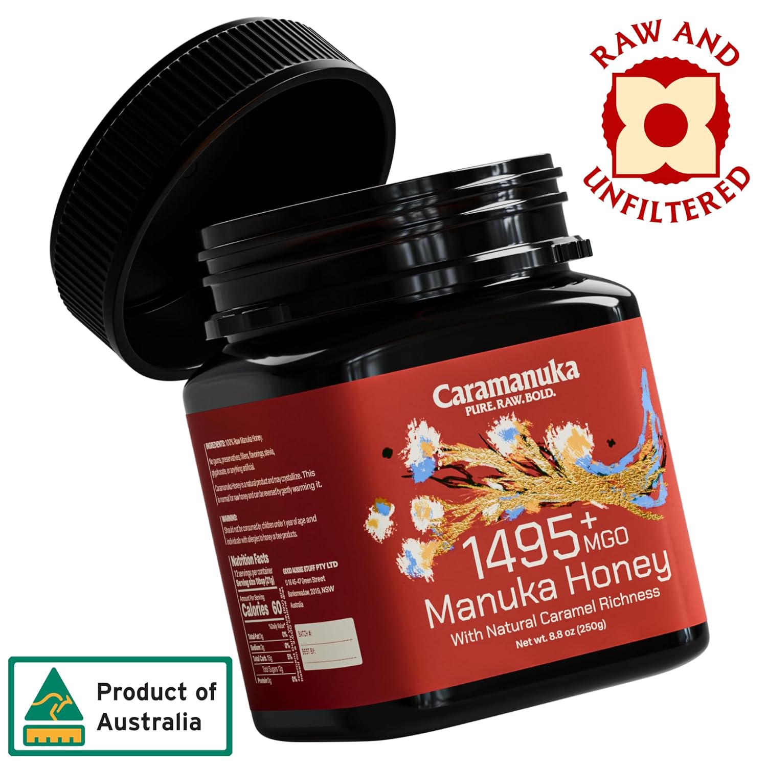 Caramanuka Manuka Honey MGO 1495+ / 100% Raw, Pure, Unfiltered & Unpasteurized, 3rd Party Tested, Ultra-Potent, Glyphosate-Free, Australian Premium Manuka Honey