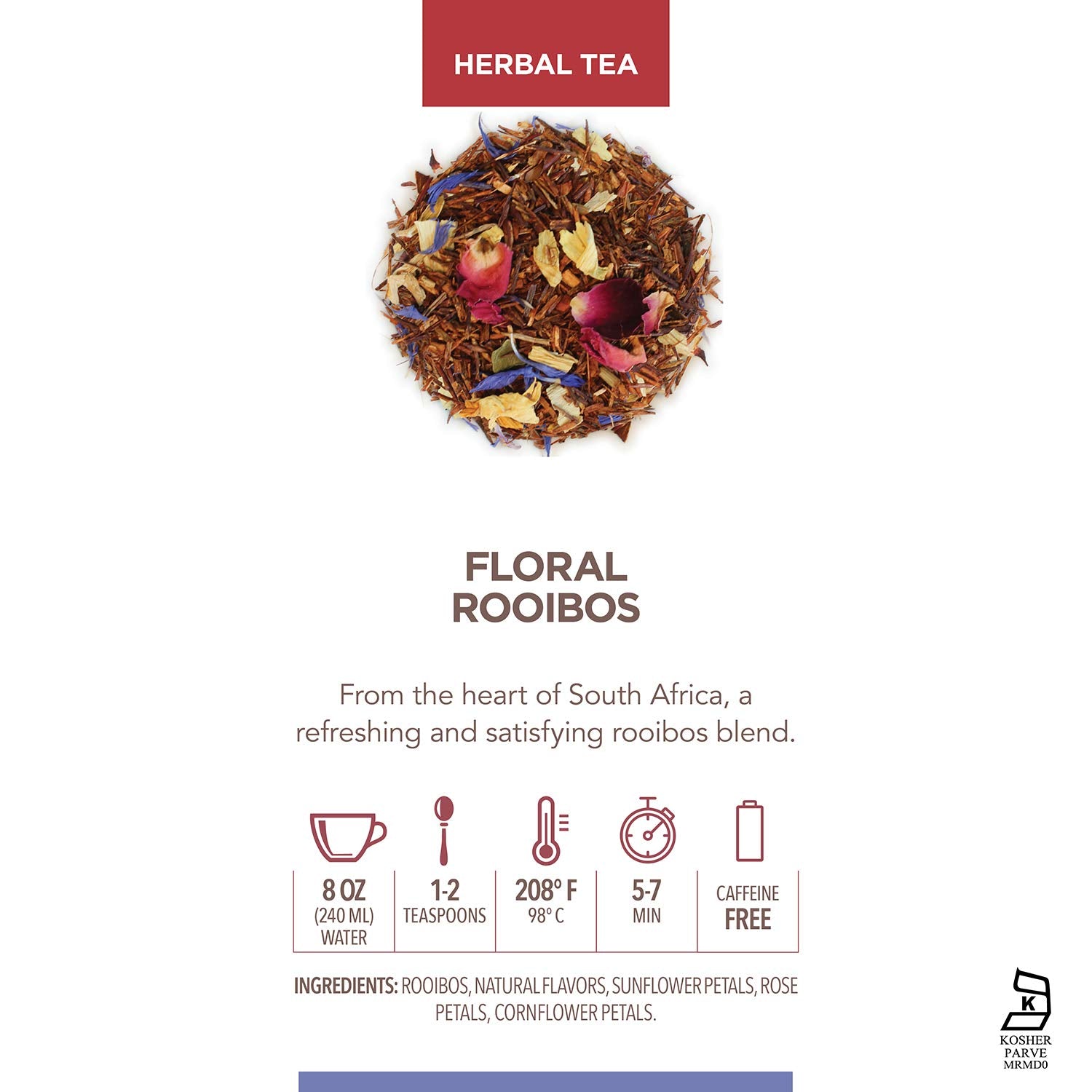Teabloom Herbal Tea, Floral Rooibos Loose Leaf Tea, Rooibos Blend with Floral Flavors and Scent, Kosher Certified, 3.17 oz/90 g Canister Makes 35-50 Cups