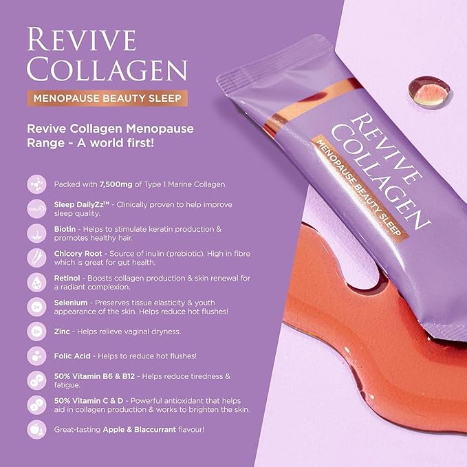Revive Collagen Menopause Beauty Sleep — Hydrolyzed Marine Collagen Drink for Women, 7,500MG, Zinc, Chicory Root Fiber, Vitamin D & K, Supports Sleep Quality, Apple & Blackcurrant Flavour — 14 Sachets