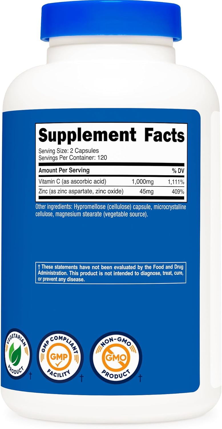 Nutricost Vitamin C with Zinc Capsules, 120 Servings - 1000mg, 45mg Zinc, Non-GMO, Gluten Free Vitamin C Supplement