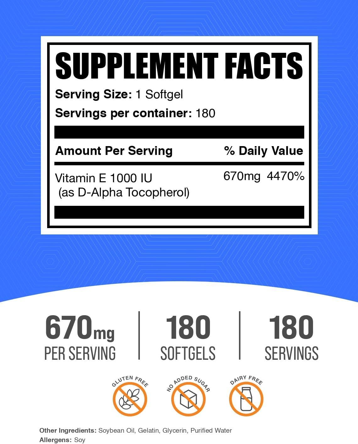 BulkSupplements.com Vitamin E 1000 IU Softgels - Vitamin E Supplement, Essential Antioxidant Support - Gluten Free, 1 Softgel per Serving, 180 Count (Pack of 1)