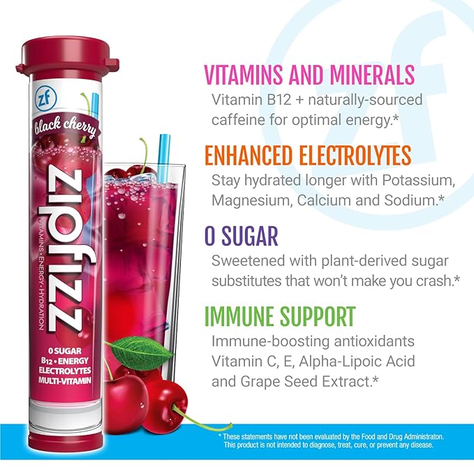 Zipfizz Energy Drink Mix, Electrolyte Hydration Powder with B12 and Multi Vitamin, Black Cherry, 20 Count (Pack of 2)