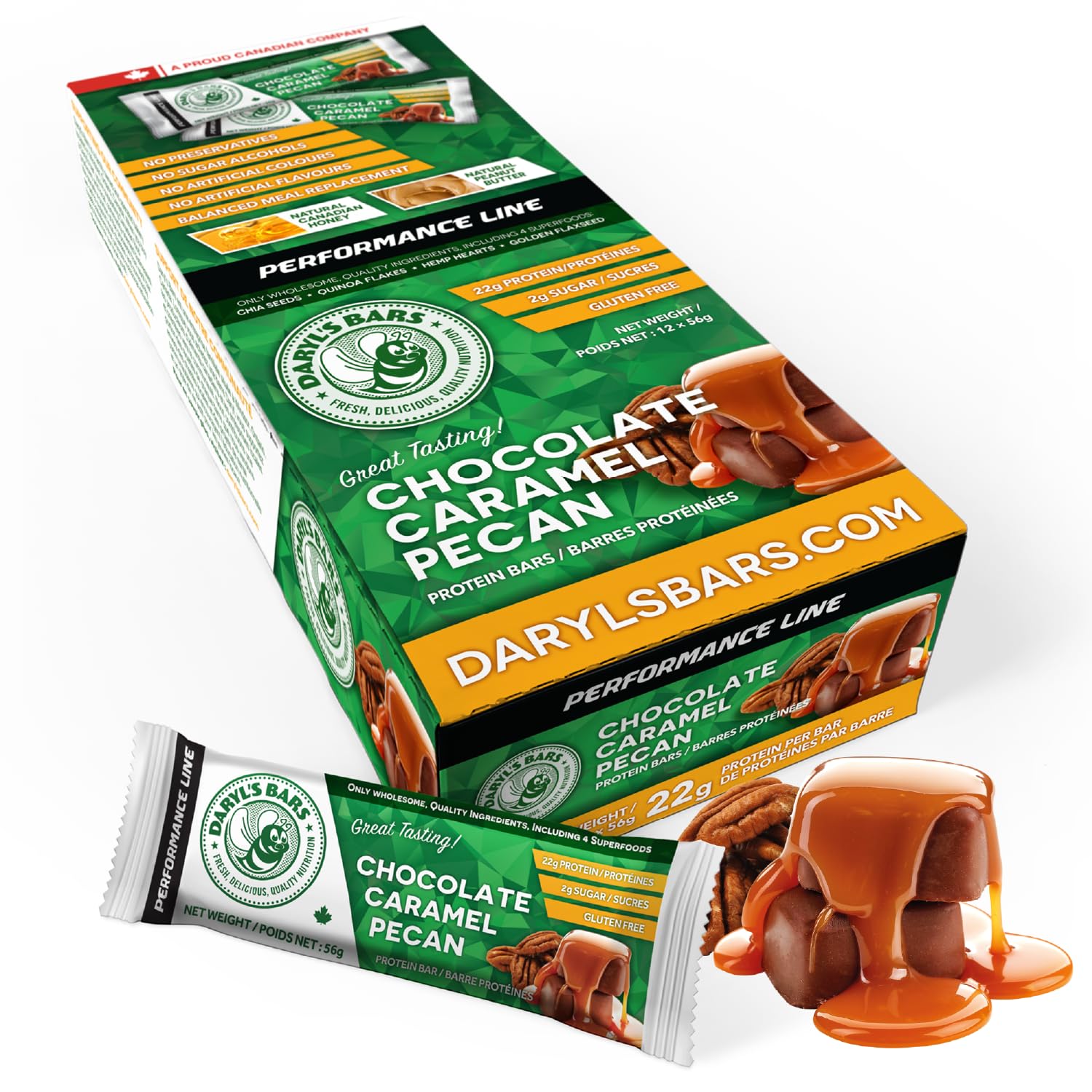 Daryl's Bars, Chocolate Caramel Pecan On the Go Whey Protein Bars, Gluten Free, Low Sugar, 22gr of Protein Snack, Meal Replacement, Pack of 1