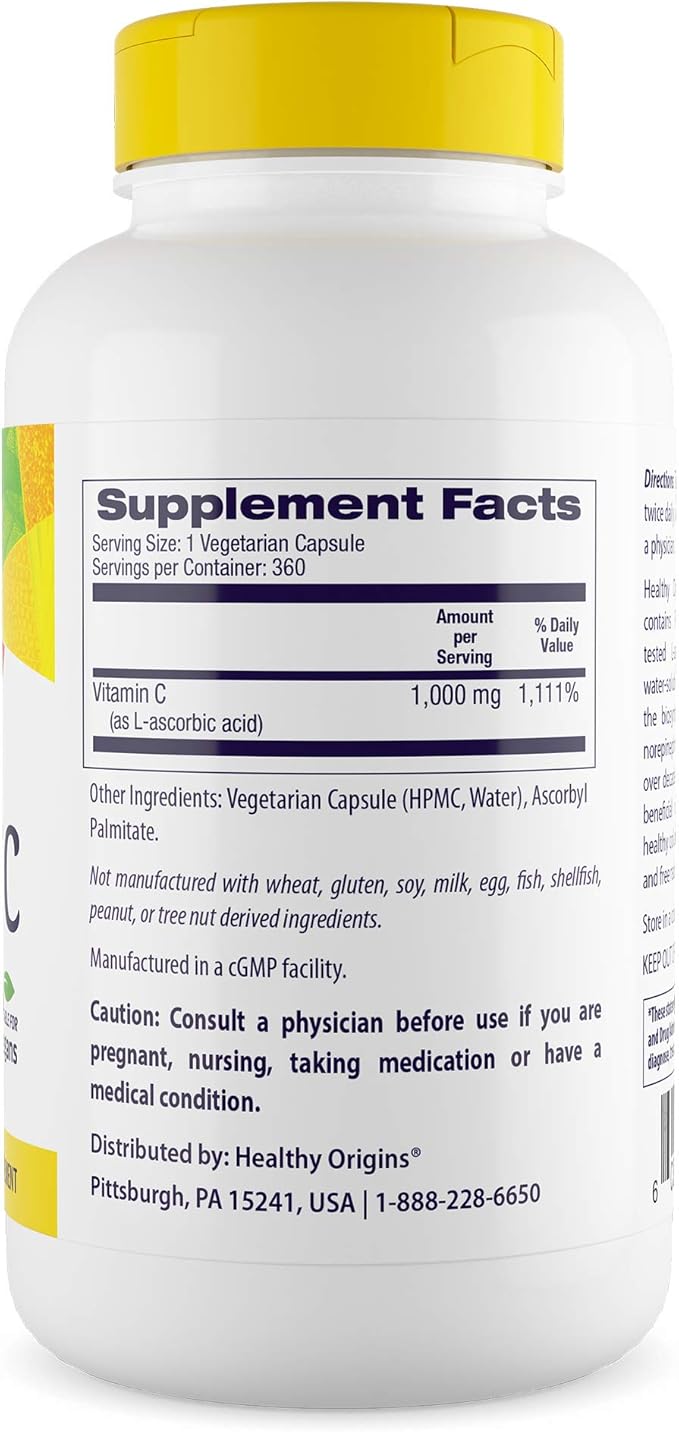 Healthy Origins Vitamin C 1,000 mg (Non-GMO Tested, High Potency, Immune Support, Vegan), 360 Veggie Caps