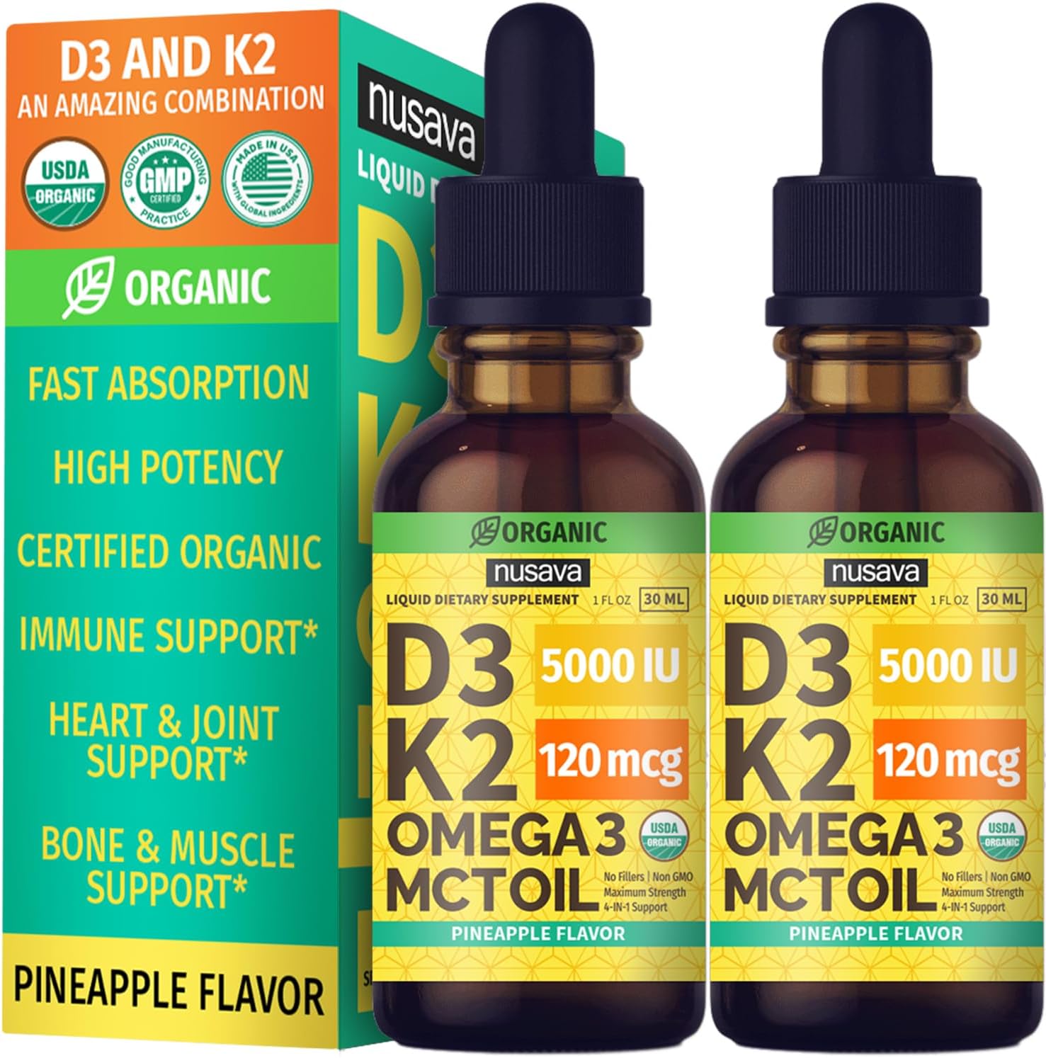 (2 Pack) Organic Vitamin D3 K2 Drops with MCT Oil Omega 3, Maximum Strength Vitamin D Liquid 5000 IU, No Fillers, Non-GMO Liquid D3 for Faster Absorption and Immune Support (Pineapple, 2 Fl Oz)