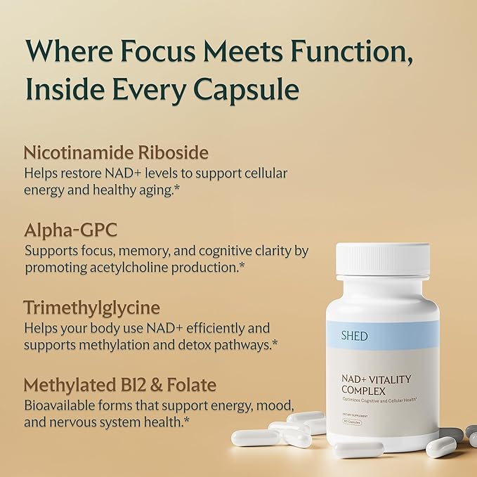SHED NAD+ Supplement Vitality Complex with Nicotinamide Riboside (NR), Alpha-GPC, TMG & Methylated B Vitamins – Supports Energy, Focus, Cellular Health & Aging – 60 Capsules