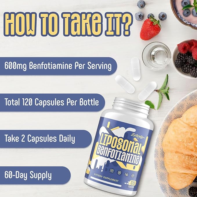 Zaigon Benfotiamine Thiamine Vitamin B1 Supplement, 600mg Liposomal Fat Soluble VIT B1 with Alpha-Lipoic Acid for Men & Women, Energy Boost, Glucose Metabolism & Nerve Support (120 Vegan Capsules)