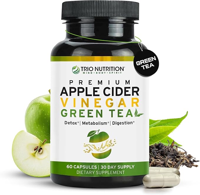TRIO NUTRITION Apple Cider Vinegar Capsules with Green Tea - Natural Sugar Free Apple Cider Vinegar Pills with The Mother for Body Cleanse, Immune, Weight Management & Metabolism Booster*