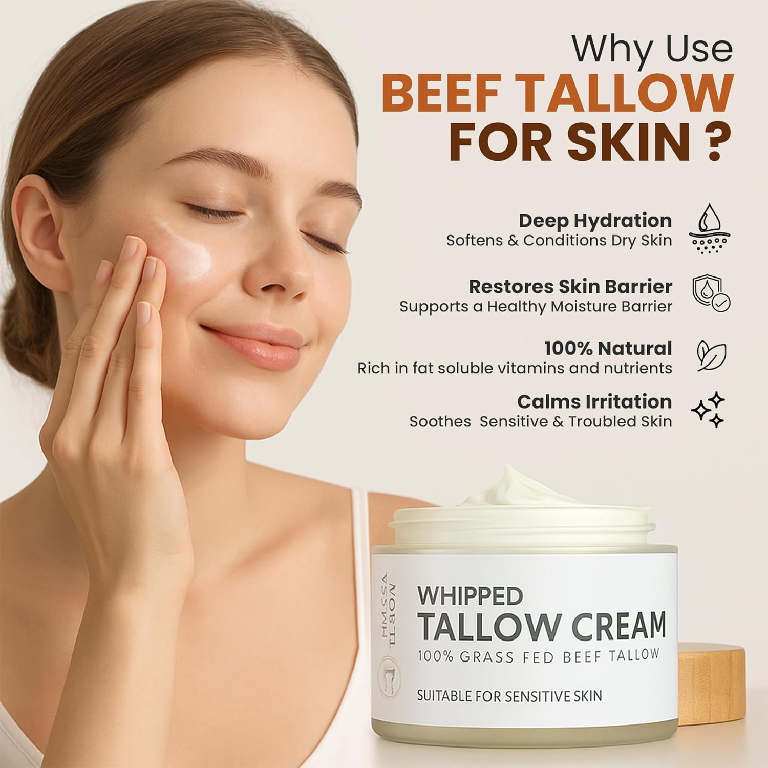 100% Organic Grass Fed Beef Tallow for Skin | Whipped Beef Tallow For Face | Tallow Moisturizer| Premium Beef Tallow for Women With Aloe Vera & Raw Honey & Beeswax- 5 FL.Oz